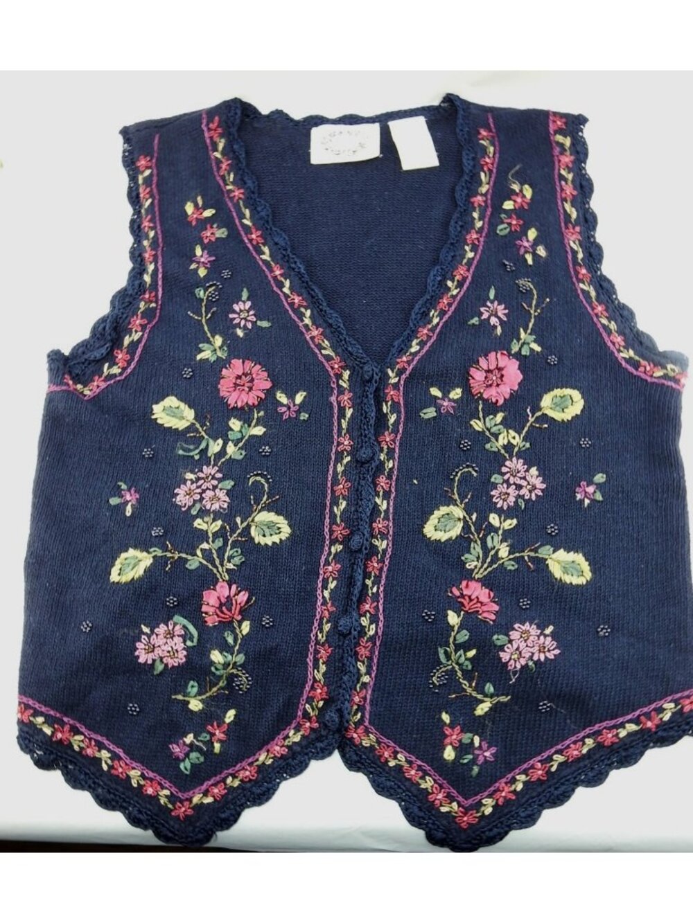 Vintage Erika Floral Embroidered Sweater Vest Navy Cottage Core Size L Pink - Picture 2 of 6